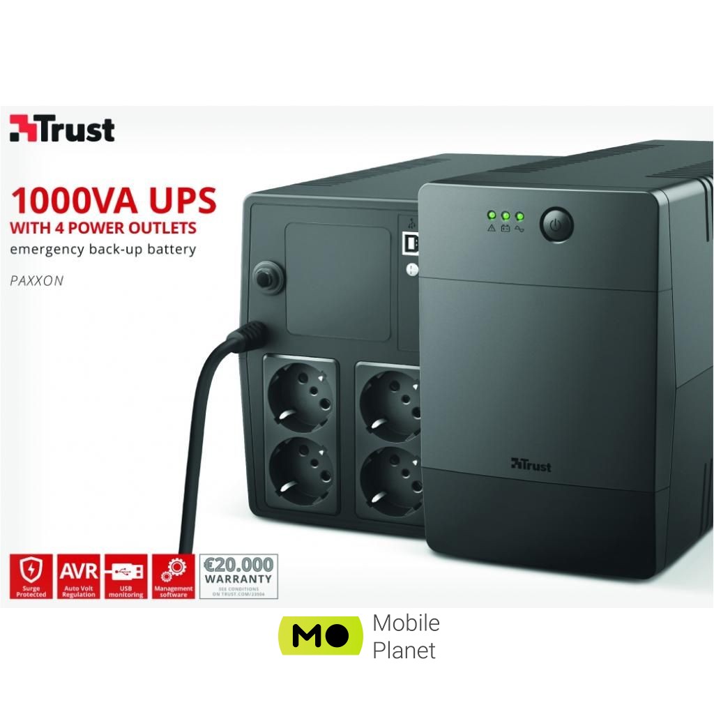 Trust UPS Paxxon 1000VA UPS 4 Outlets (23504) (UA) Мощность, Вт: 600 Вт; Мощность, ВА:
