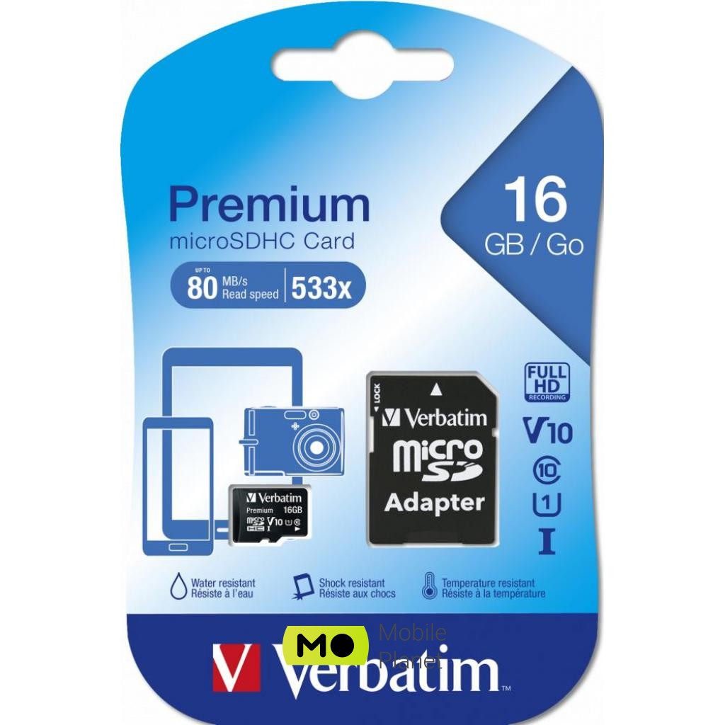 Verbatim 16GB microSDHC class 10 (MDAVR-10 / G) (UA) Тип карти пам'яті: microSD; Обсяг