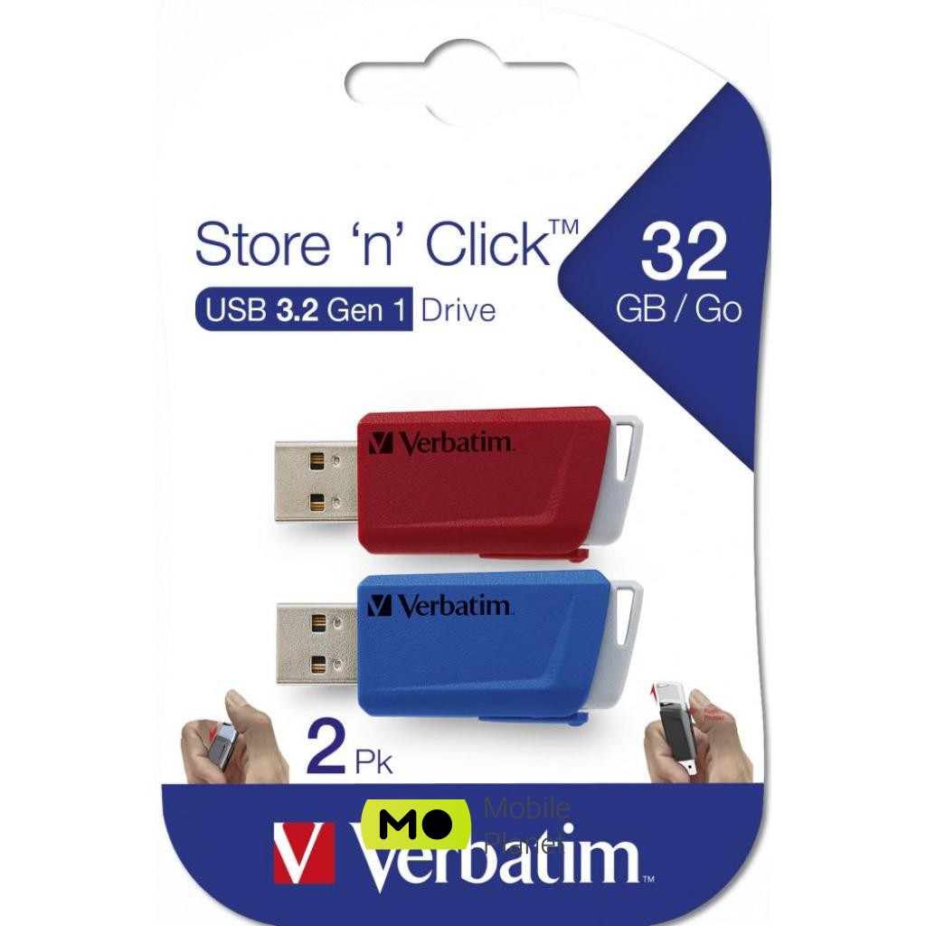 Verbatim 2x32GB Store n Click Red/Blue USB 3.2 (49308) (UA) Тип: С выдвижным USB; Объем памяти: