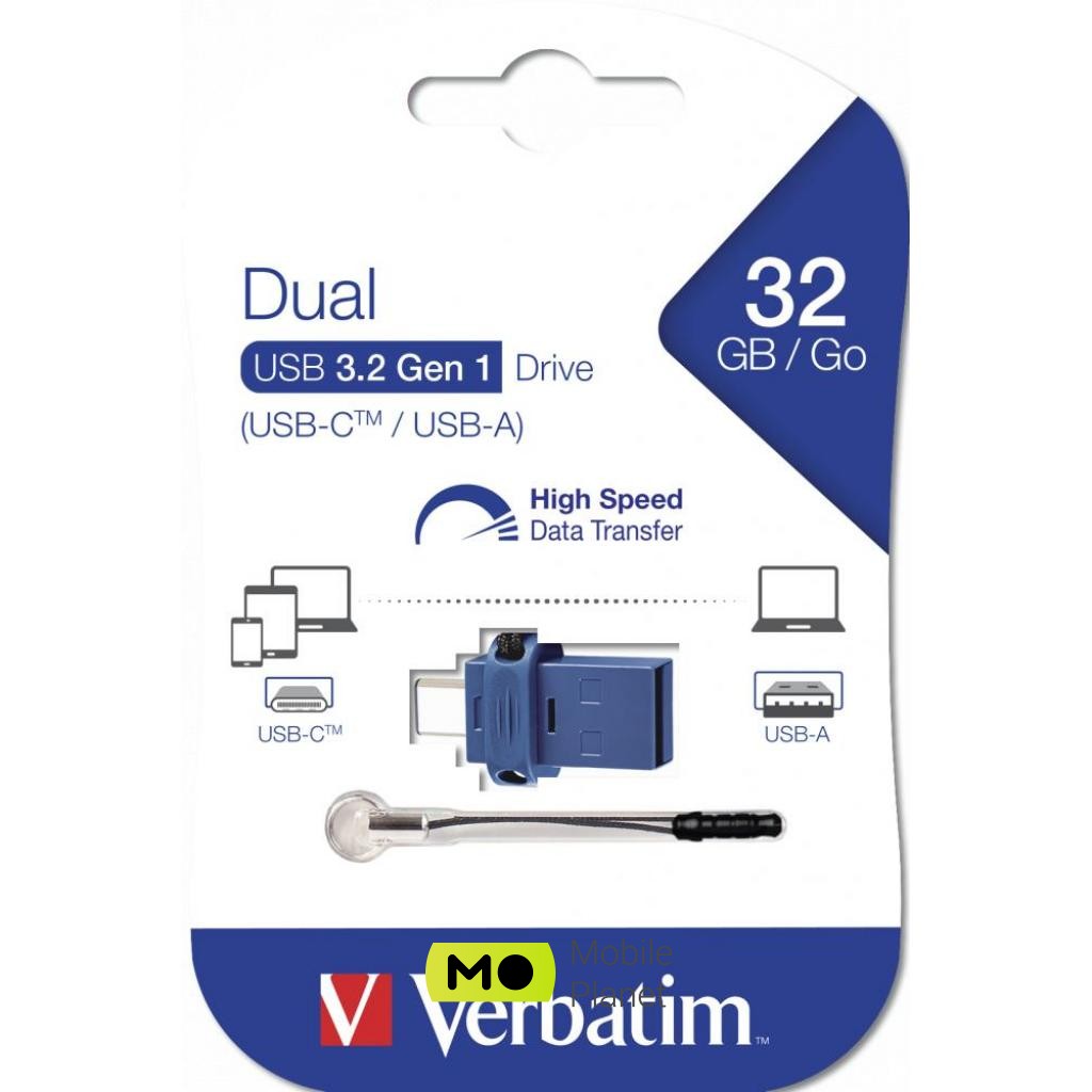 Verbatim 32GB Dual USB Drive USB 3.0/Type-C (49966) (UA) Тип: Суперкомпактные; Объем