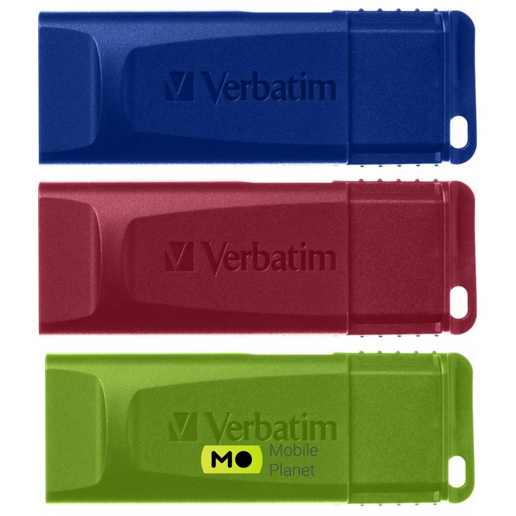 Verbatim 3x16GB Slider Red / Blue / Green USB 2.0 (49326) (UA) Додатково 3 USB-накопичувача ємністю 16 ГБ кожен
