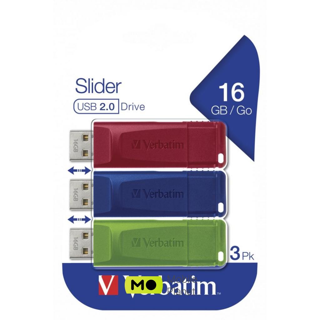 Verbatim 3x16GB Slider Red / Blue / Green USB 2.0 (49326) (UA) Тип: З висувним USB; Обсяг пам'яті: