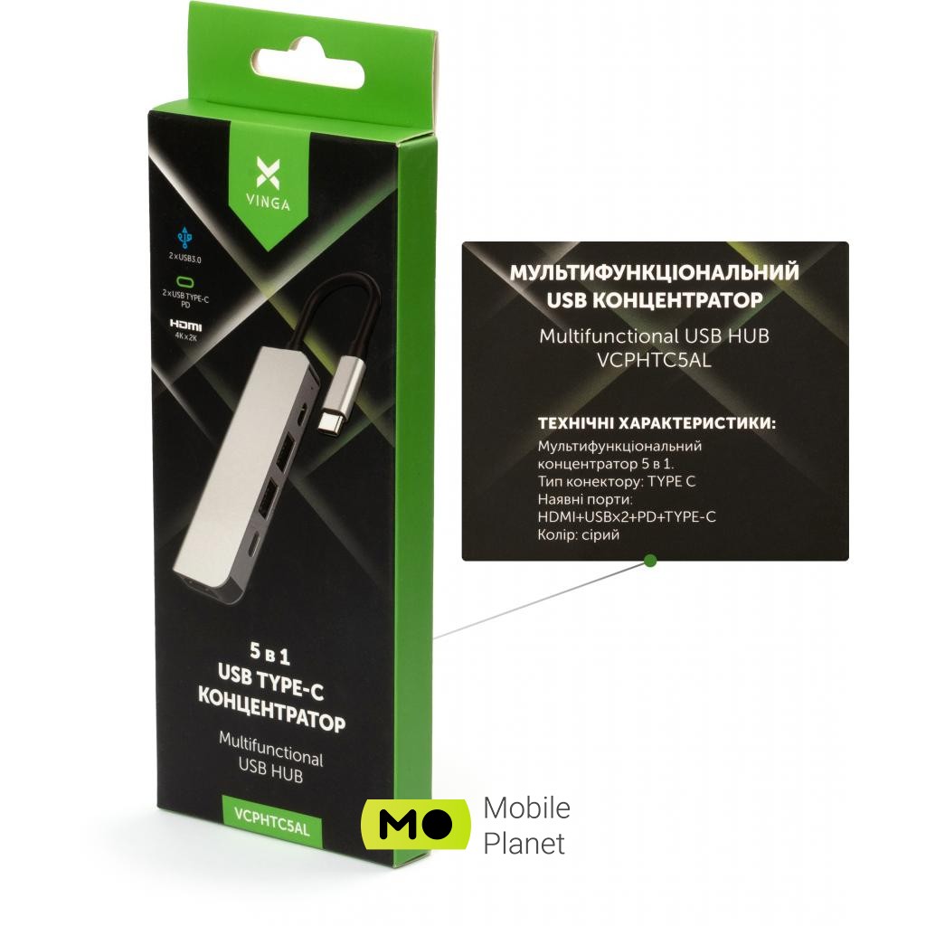 Vinga Type-C to 4K HDMI + 2 * USB3.0 + 2 * PD aluminium (VCPHTC5AL) Інтерфейси 2xUSB 3.0, USB Type C