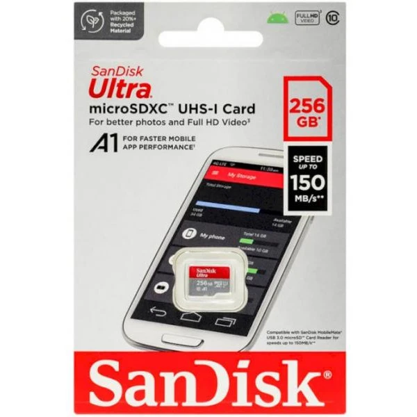 SanDisk 256 GB microSDXC UHS-I Ultra A1 + SD adapter (SDSQUAC-256G-GN6MN) Бренд: SanDisk; Об'єм пам'яті, ГБ: 256;
