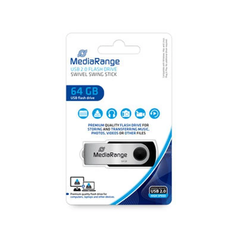 USB2.0 64GB MediaRange Black/Silver (MR912) (UA) Інтерфейс: USB 2.0; Об'єм пам'яті: 64