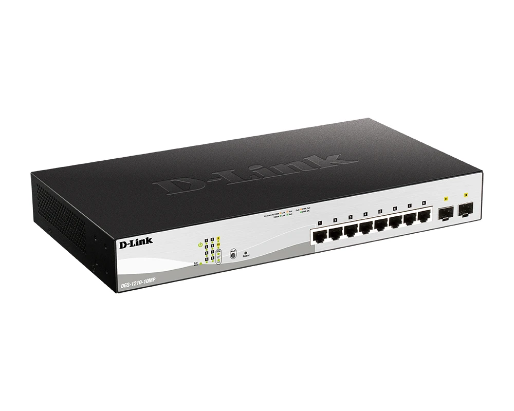 D-Link DGS-1210-10MP (UA) Порти 8 x 10/100/1000Base-T /з підтримкою PoE; 2 x 1000Base-X SFP