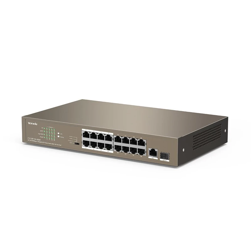 Tenda TEF1118P-16-150W (UA) Порти 16 x 10/100Base-TX /(Data/Power); 1 порт управління 10/100/1000 Base-T/(Data); 1x 1000BaseX SFP