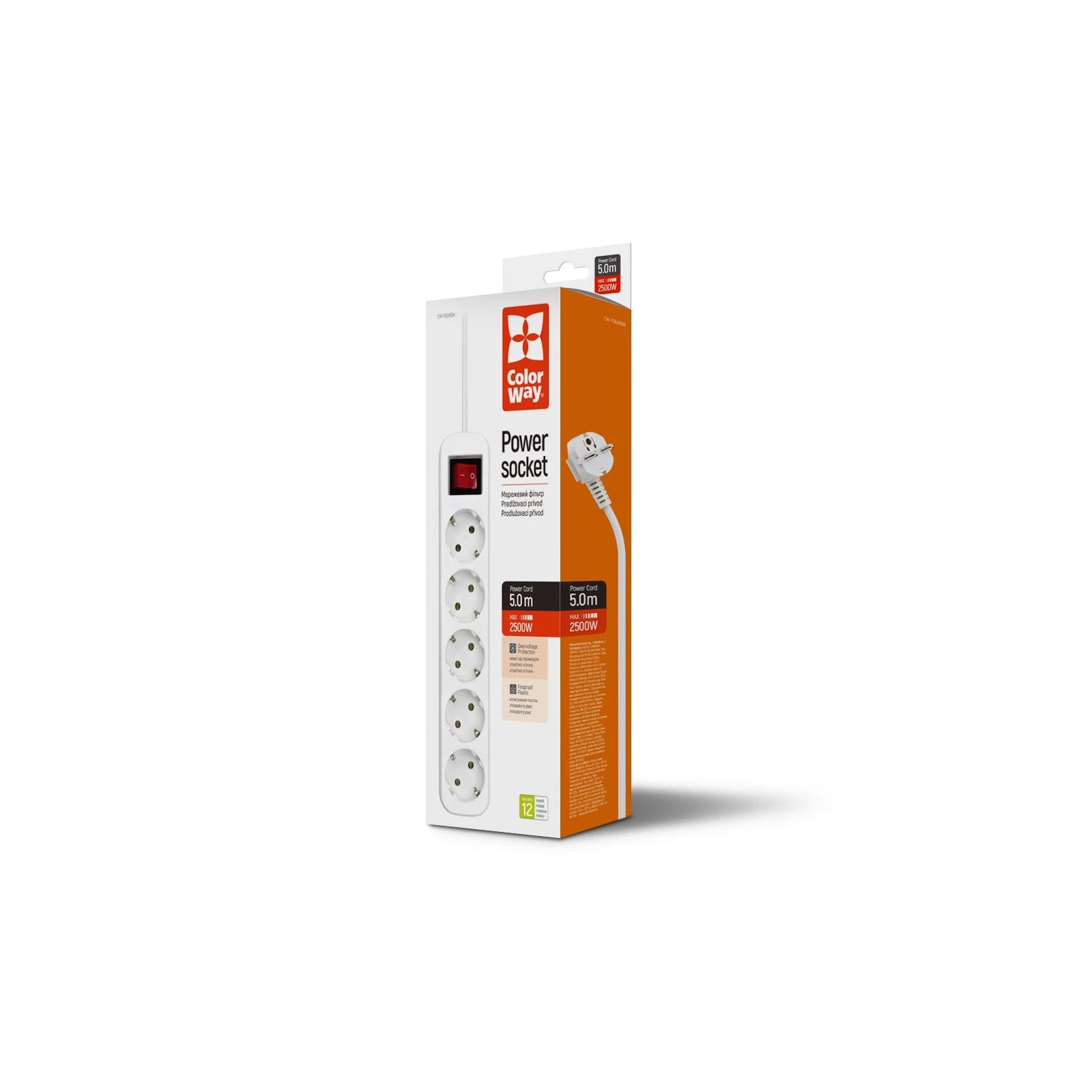 ColorWay CW-PSEA55W, 5 розеток/5M white (CW-PSEA55W) (UA) Номінальна напруга: ~250 В (макс);
