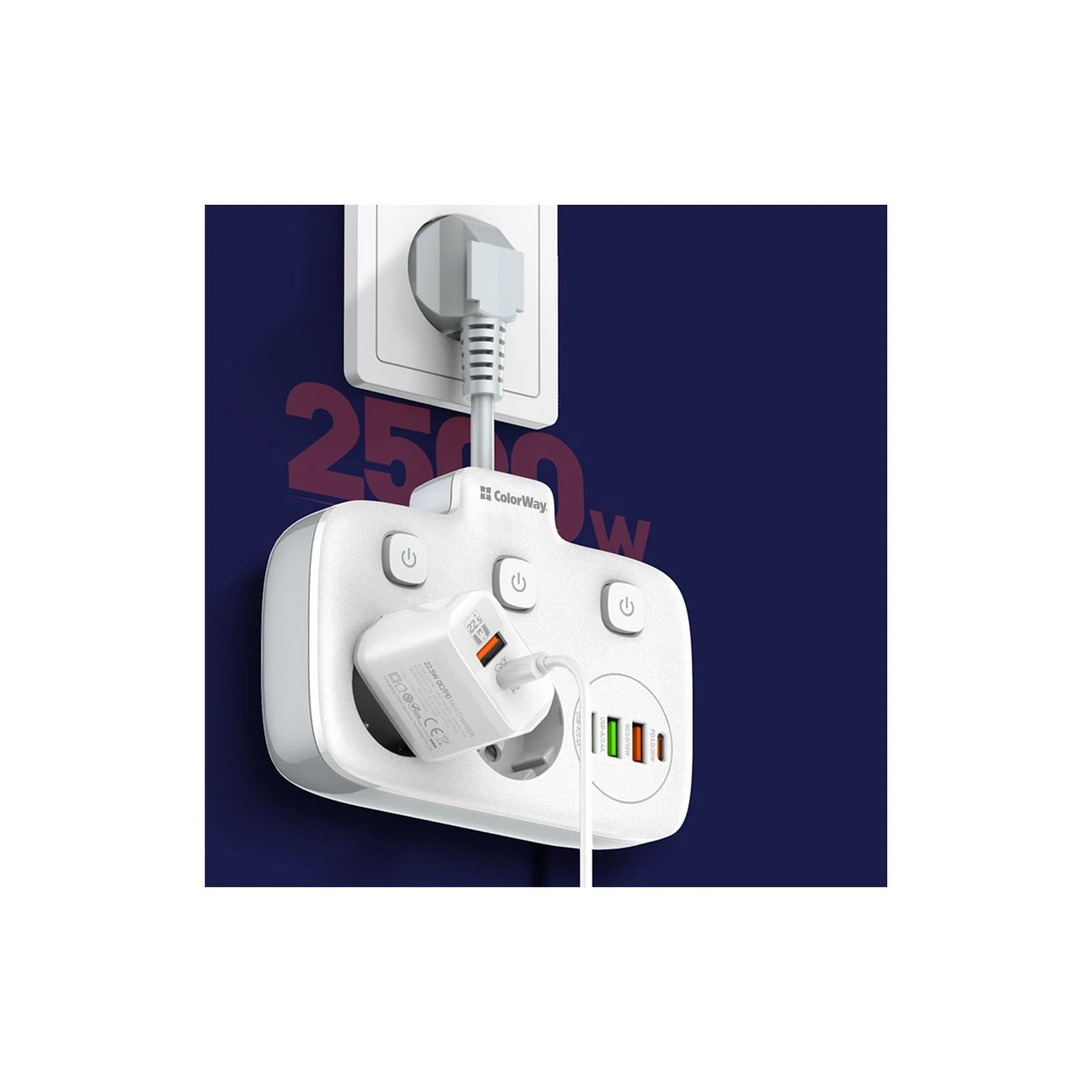 ColorWay CW-CHE24PDW 2 розетки/4USB (CW-CHE24PDW) (UA) Кількість розеток 2 шт