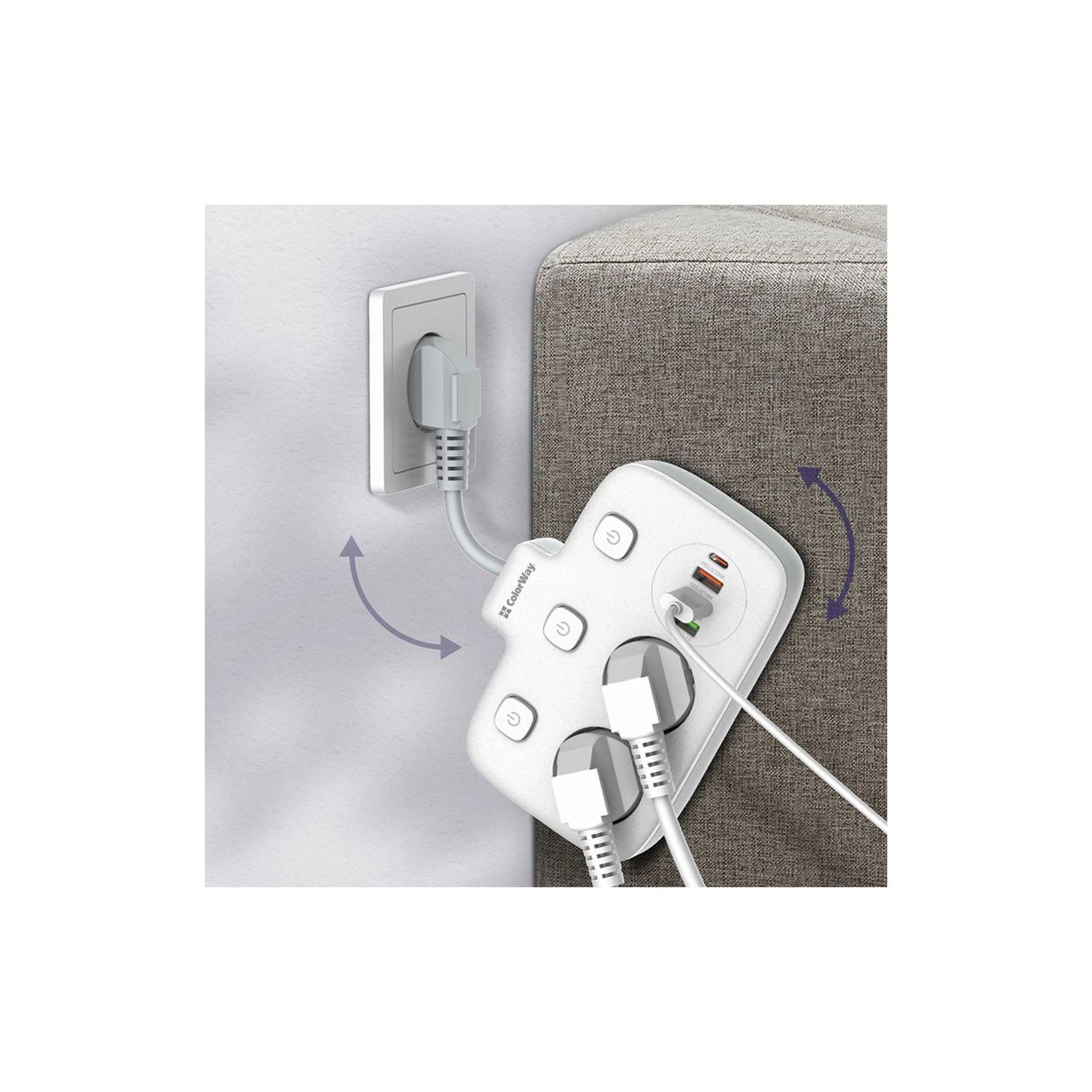 ColorWay CW-CHE24PDW 2 розетки/4USB (CW-CHE24PDW) (UA) Особливості Quick Charge 3, 1 x USB-C, Power Delivery, 3 вимикачі, 3 x USB