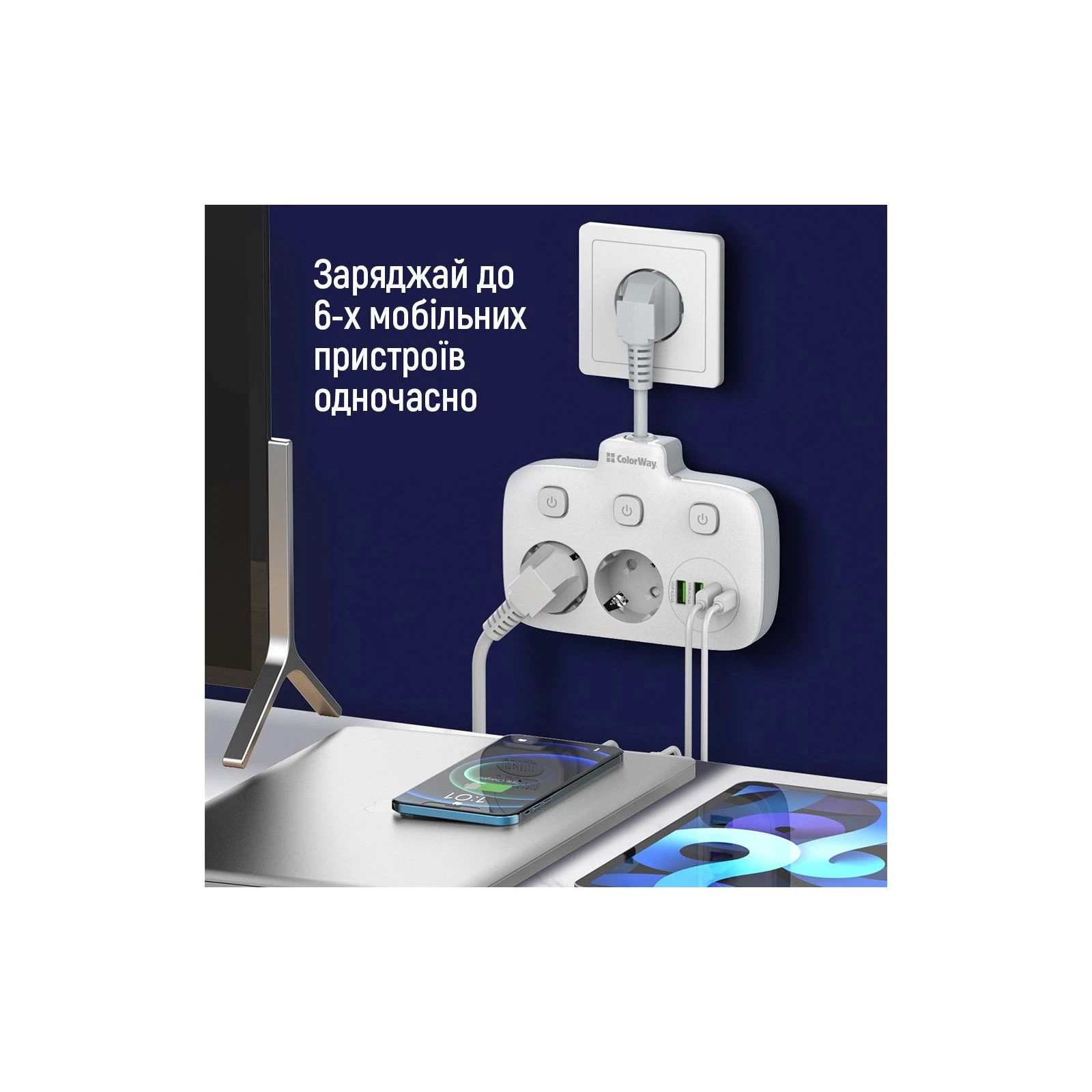 ColorWay CW-CHE24PDW 2 розетки/4USB (CW-CHE24PDW) (UA) Струм спрацьовування термозапобіжника 10 А