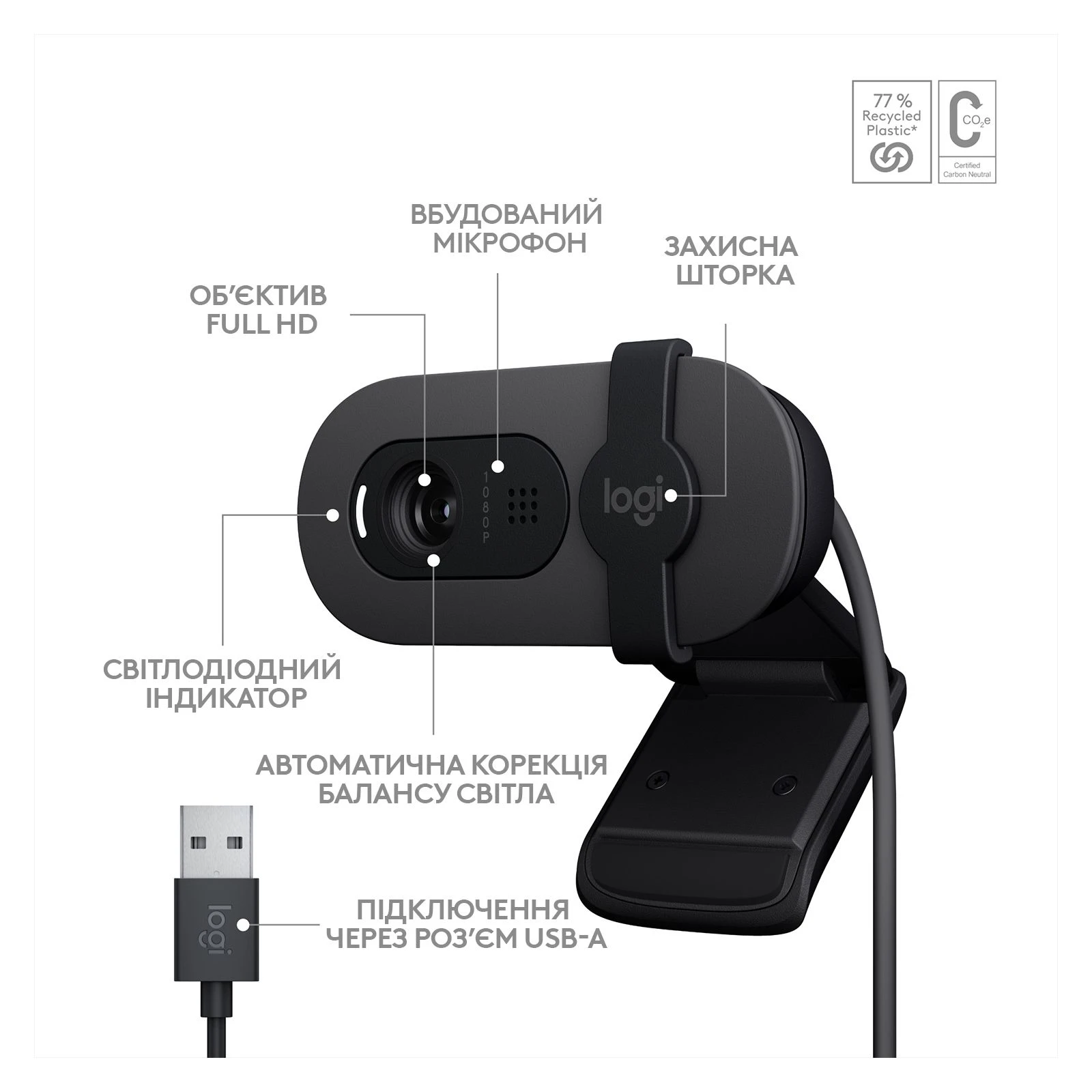 Logitech Brio 100 Full HD Graphite (960-001585) (UA) Максимальна частота кадрів 30 кадрів/с ( при роздільній здатності 1920 x 1080)