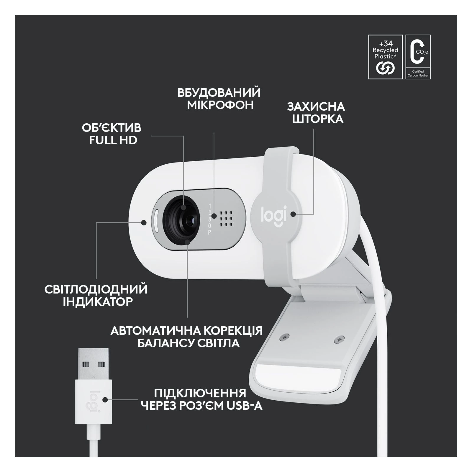 Logitech Brio 100 Full HD Off-White (960-001617) (UA) Максимальная частота кадров 30 кадров/с (при разрешении 1920 x 1080)