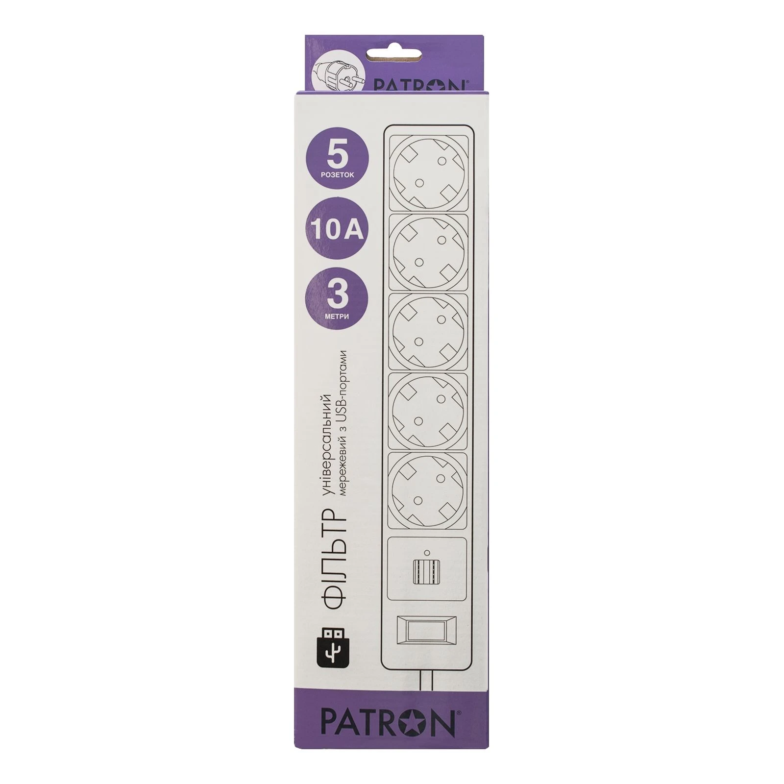 Patron 3m + 2 USB 2.0, 2.1A, 5 роз. White (EXT-PN-SP-53-USB-W) (UA) Рабочая частота 50-60 Гц