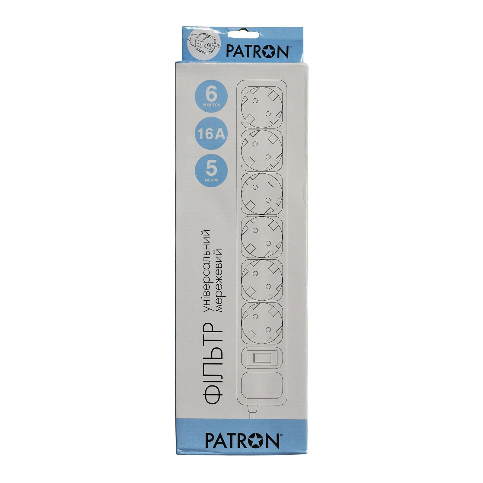 Patron 5.0 m, 3*1.5mm2 (SP-1665) 6 розеток BLACK (EXT-PN-SP-1665) (UA) Номінальна напруга: 220 В; Робоча