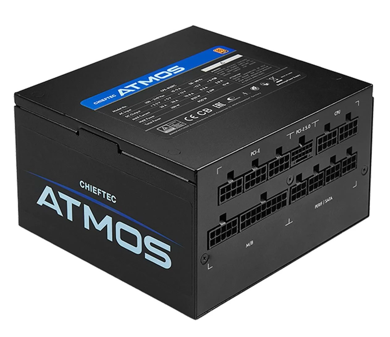 Chieftec Atmos 750W 80 Plus Gold ATX 3.0 (CPX-750FC) EU Рознімання  EPS12V 4+4 (8) - 2 шт; PCI-E 5.0 12+4 (16) PIN-1 ПК; PCI-E 2.0 6+2 (8) PIN-2 ПК; PCI-E 8-PIN-2 ПК; Molex 4-pin - 4 шт; SATA – 9 ПК; ATX 24 -PIN - 1 ПК. >Діаметр вентилятора 