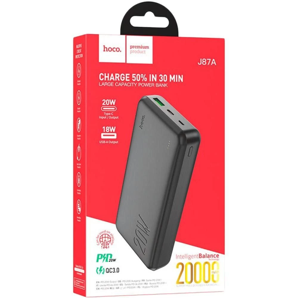Hoco Type-C PD 20W+Quick Charge 3.0 20000 mAh J87A Black Подключение устройств USB Type-Cx1, USBx1