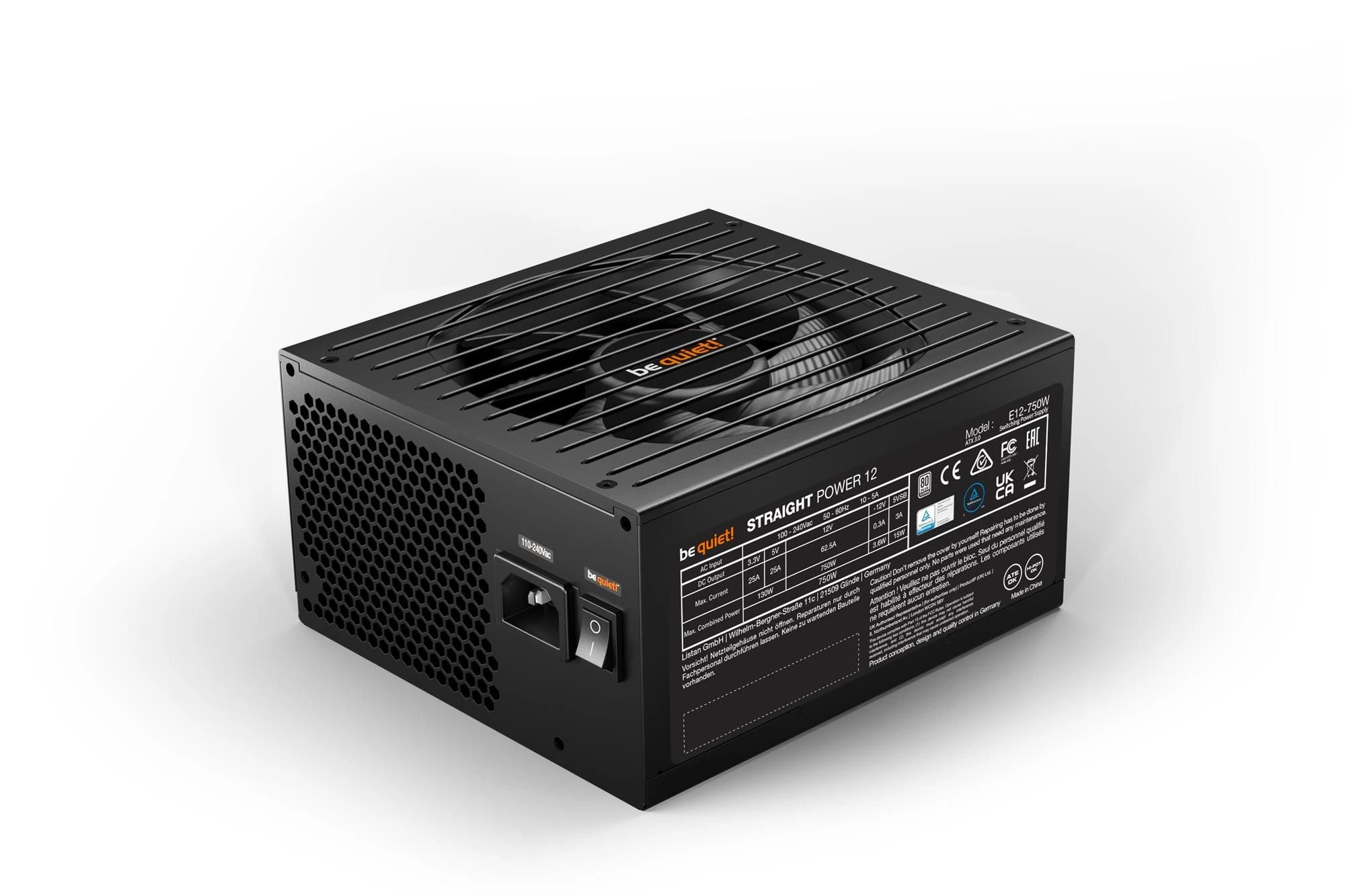 be quiet! Straight Power 12 750W 80 Plus Platinum ATX 3.0 (BN336) EU Рознімання  PCI-E 2,0 6+2 (8) PIN-код - 4 ПК; SATA – 9 ПК; EPS12V 20+4 (24) PIN-1 ПК; P8 (P4 + P4); PATA 4-PIN – 2 ПК; 12VHPWR - 1 ПК.