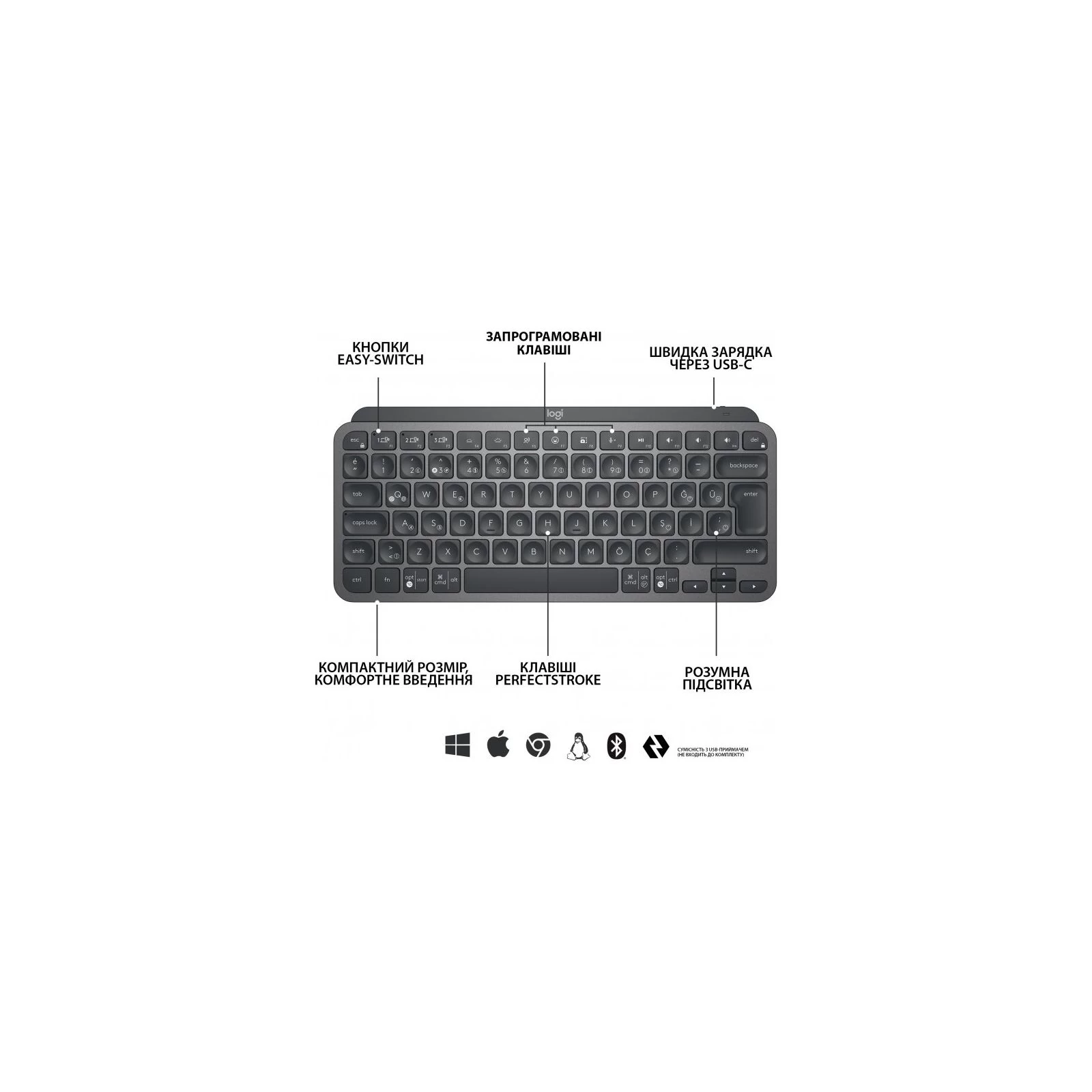 Logitech MX Keys Mini Wireless Illuminated UA Graphite (920-010498) (UA) Тип подключения беспроводная