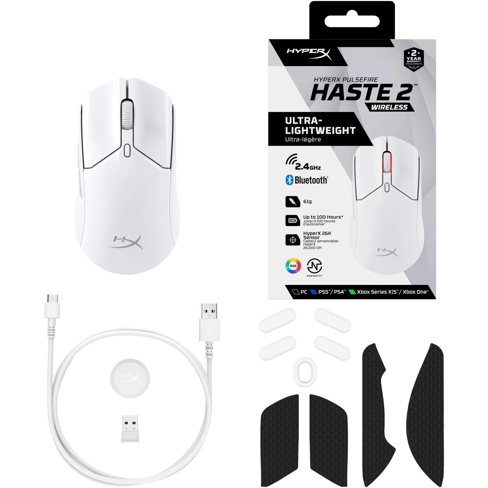 HyperX Pulsefire Haste 2 Wireless White (6N0A9AA) (UA) Интерфейс подключения USB, USB адаптер 2.4 ГГц, Bluetooth