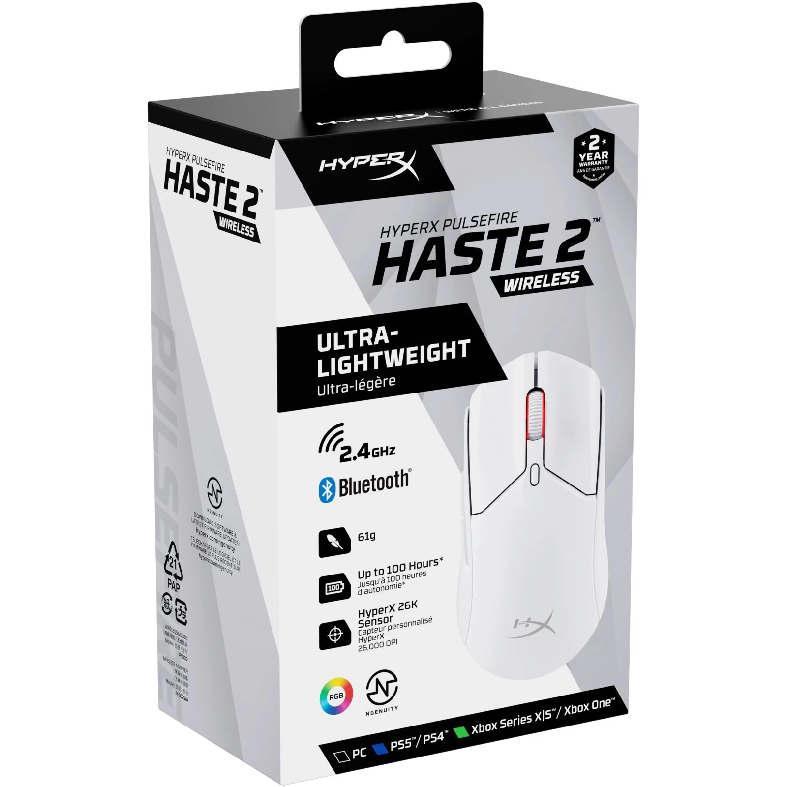 HyperX Pulsefire Haste 2 Wireless White (6N0A9AA) (UA) Подключение беспроводное, проводное