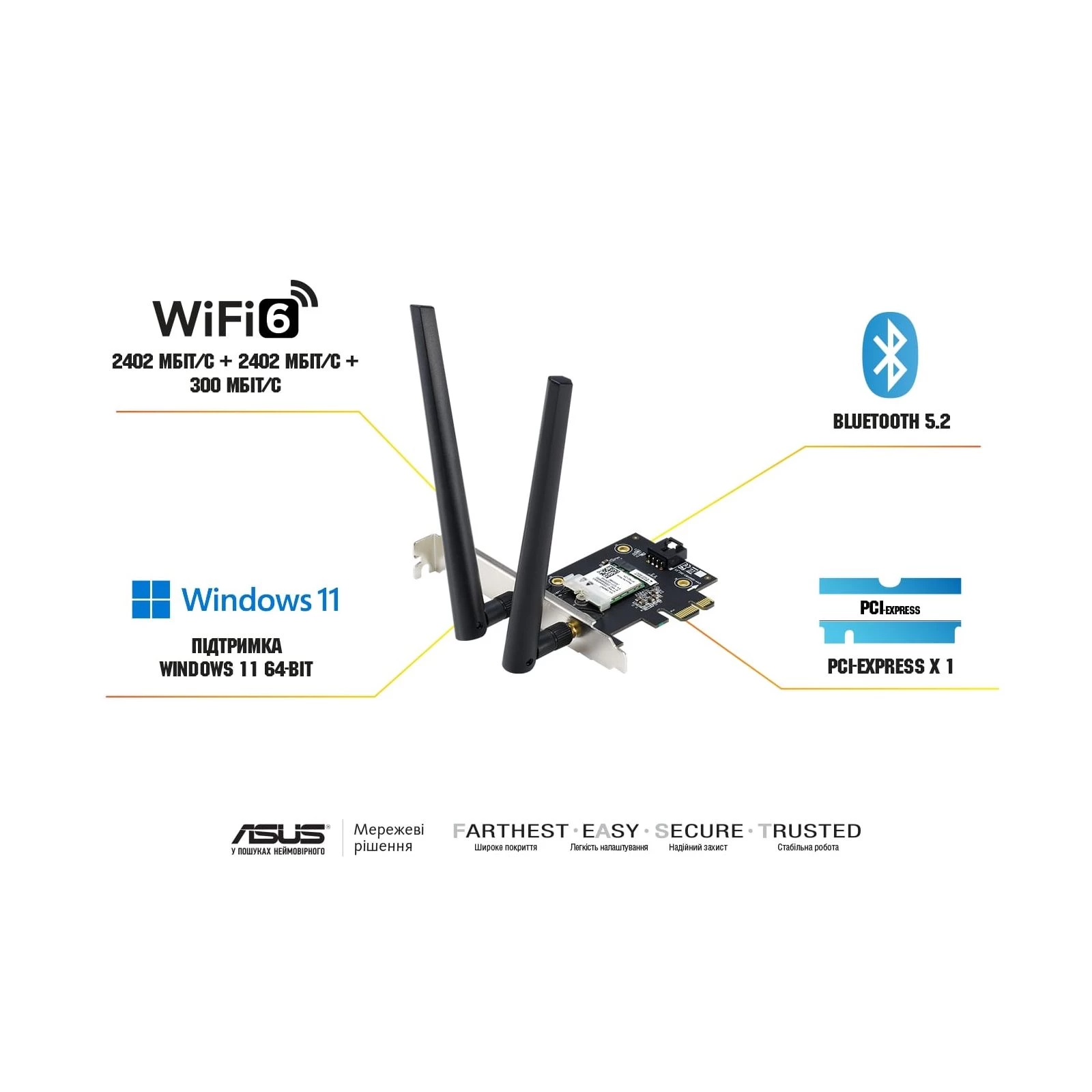 Сетевая карта Wi-Fi ASUS PCE-AXE5400 (90IG07I0-ME0B10) (UA) Безопасность WPA2-Personal, WPA3-Personal