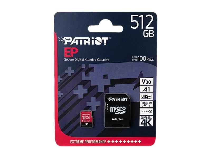 MicroSDXC 512GB UHS-I/U3 Class 10 Patriot EP A1 R90/W80MB/s + SD-adapter (PEF512GEP31MCX) Тип картки: microSDXC; Об'єм пам'яті: