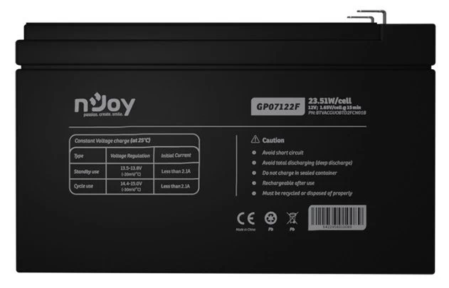 Njoy GP07122F 12V 7AH (BTVACGUOBTD2FCN01B) AGM Номінальна напруга: 12 В;
