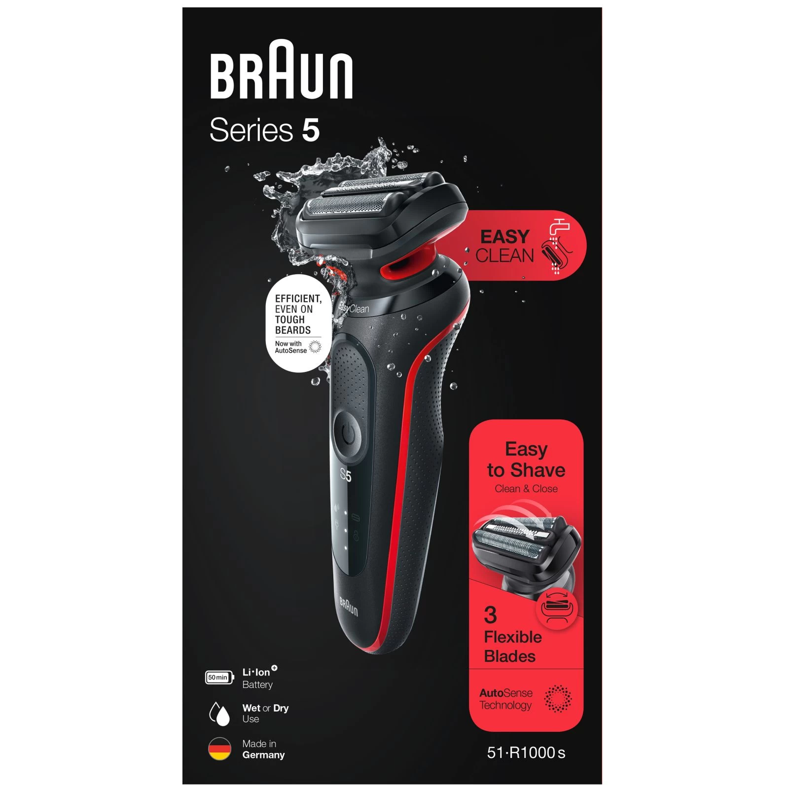 Braun Series 5 51-R1000s BLACK/RED Спосіб гоління сухе + вологе гоління