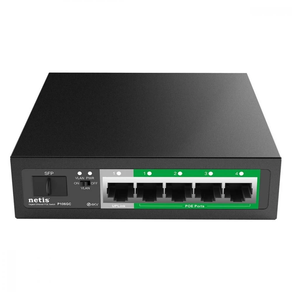 Комутатор некерований NETIS SYSTEMS P106GC (UA) Кількість портів Gigabit Ethernet (10/100/1000) 1 + 4 (PoE+)