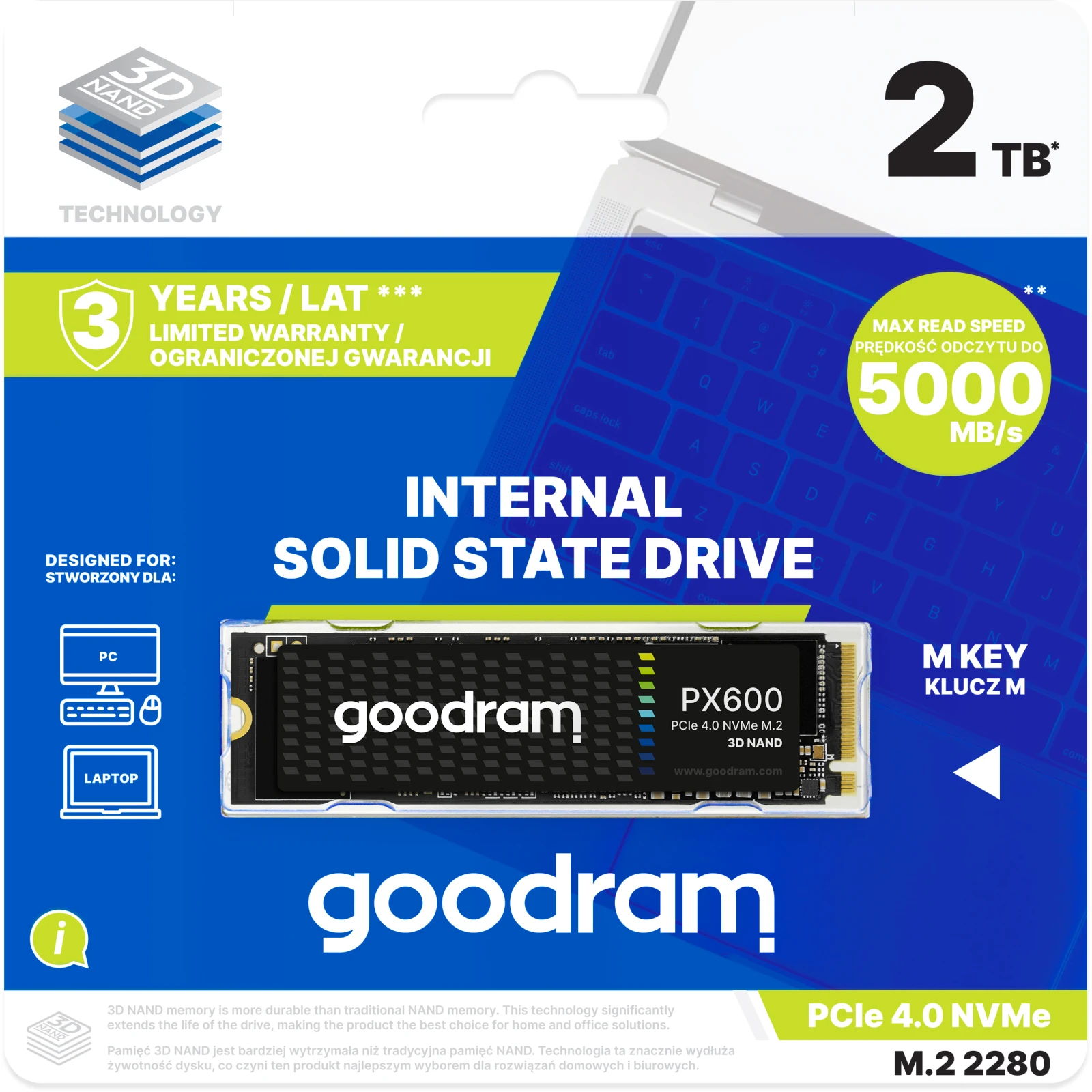 M.2 2280 2TB PX600 Goodram (SSDPR-PX600-2K0-80) Тип флеш-памяти 3D TLC NAND