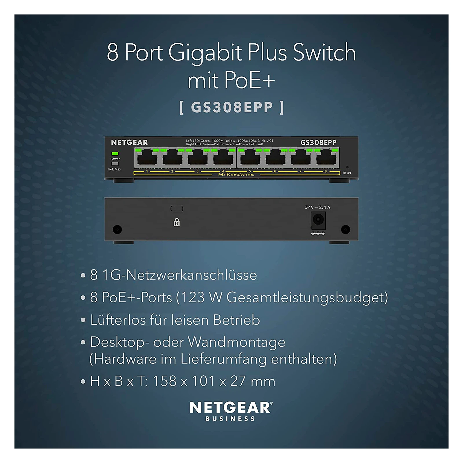 Комутатор мережевий Netgear GS308EPP-100PES (UA) Форм-фактор настільний/настінний
