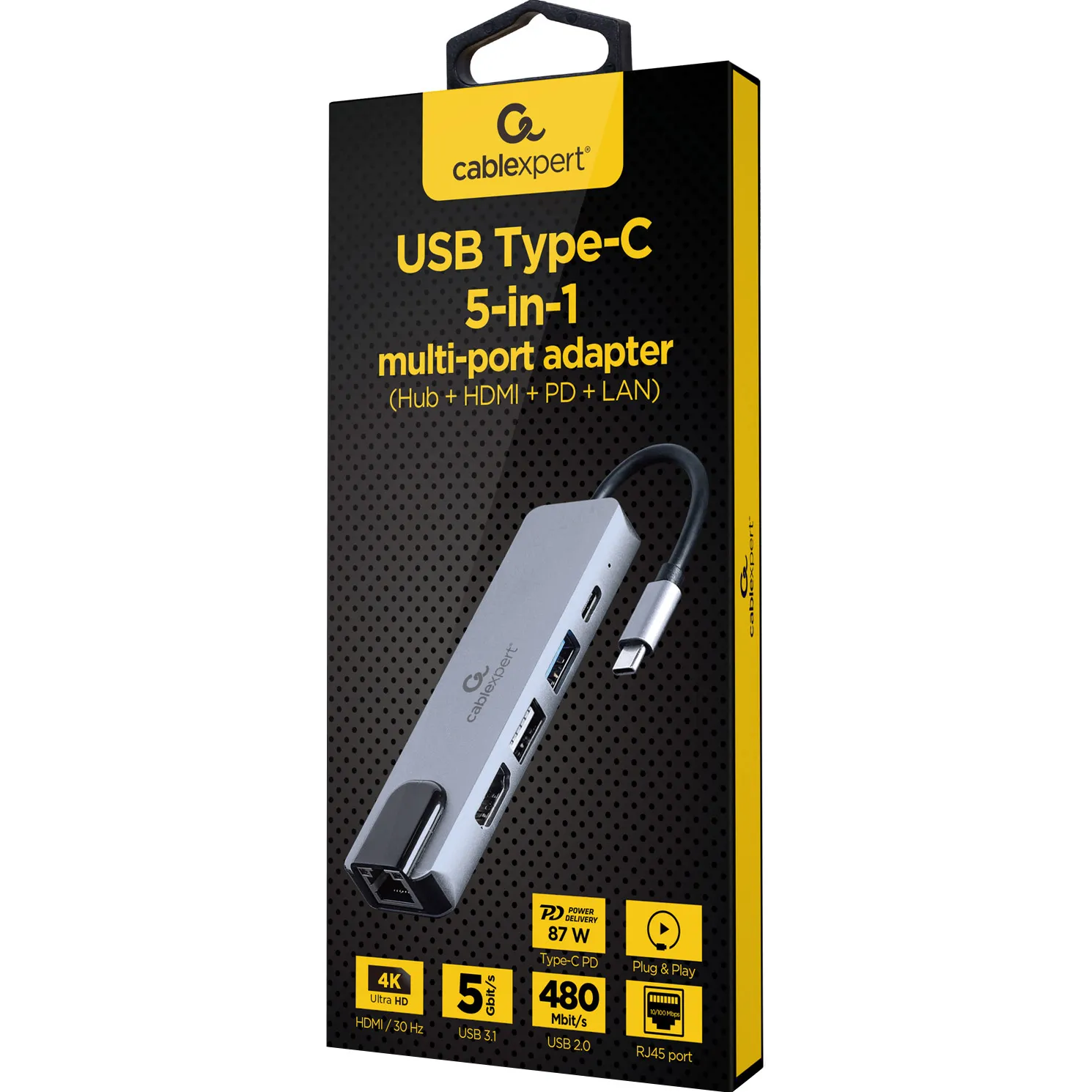 Type-C-Hub Cablexpert USB-C 5-in-1 (HDMI/PD/LAN) (A-CM-COMBO5-04) Тип: Мультипортовий адаптер