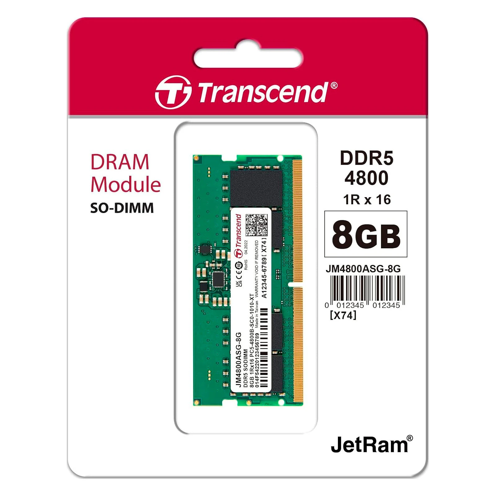 SoDIMM DDR5 8GB 4800 MHz JetRam Transcend (JM4800ASG-8G) (UA) Тип пам'яті: DDR5; Об'єм пам'яті: 8