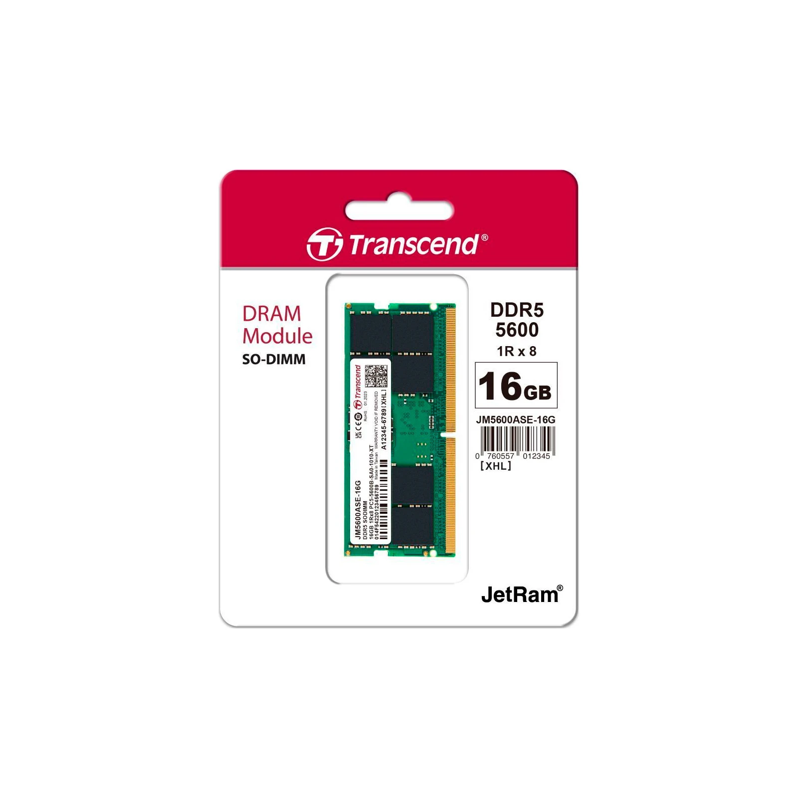 SoDIMM DDR5 16GB 5600 MHz JetRam Transcend (JM5600ASE-16G) (UA) Тип памяти DDR5