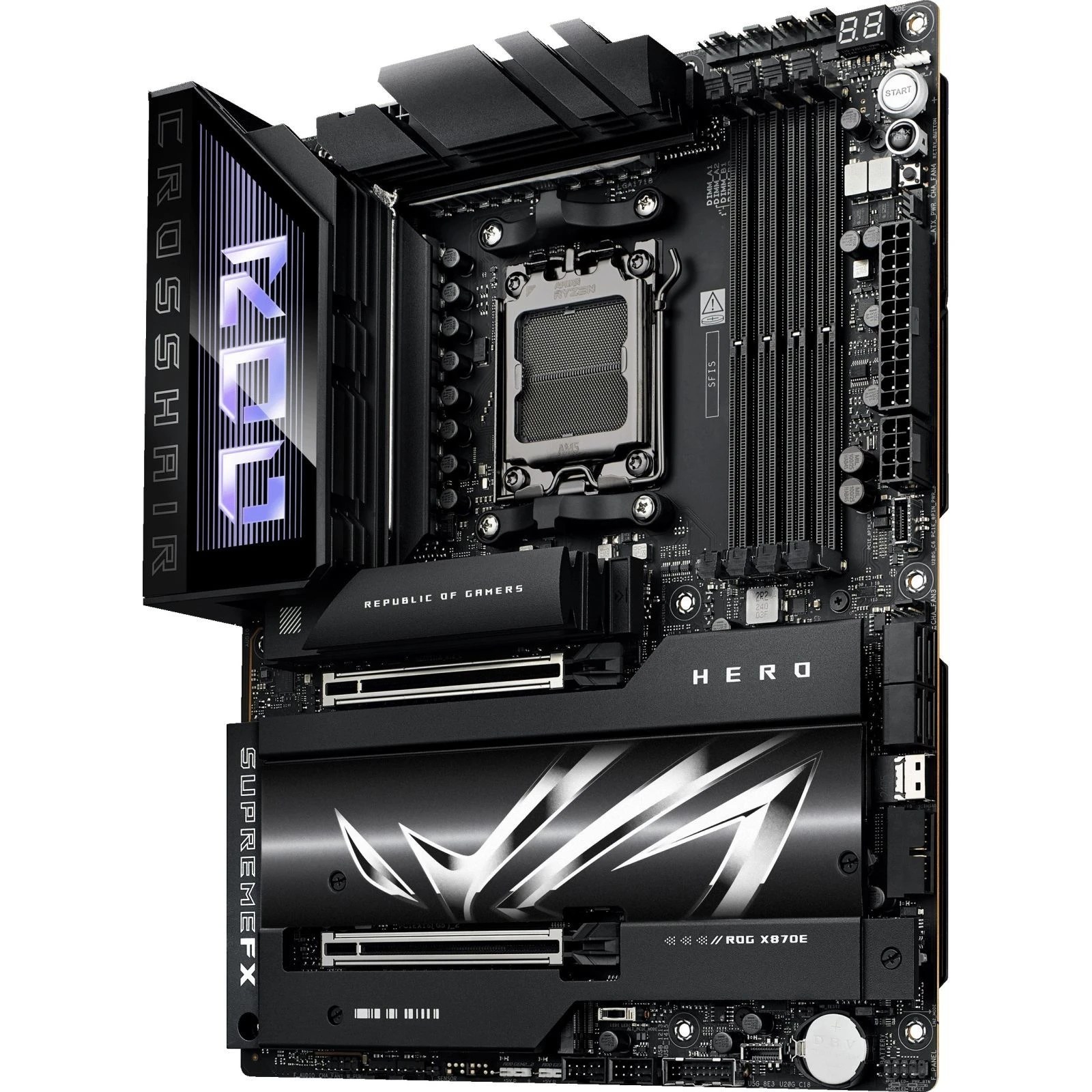 ASUS ROG CROSSHAIR X870E HERO (90MB1IE0-M0EAY0) (UA) роз'єм живлення  2 x 8-контактний +12 В живлення, 1 x8-контактна потужність PCIe, 1 x 24-контактна потужність 