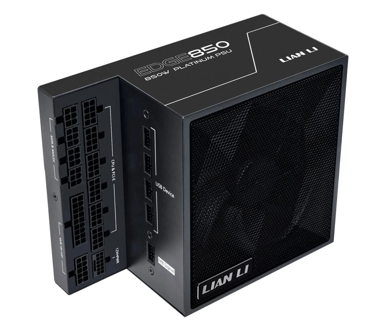 Lian Li EDGE EG 850W 80 Plus Platinum ATX 3.1 (EG0850 Black) EU Разъемы питания  EPS12V/ATX 18+10 (28) pin – 1 шт.; pin CPU/PCI-E (8) – 6 шт; PCI-E 5.0 12+4 (16) pin – 1 шт.; pin SATA/MOLEX (6) – 4 шт; USB 2.0 – 4 шт.