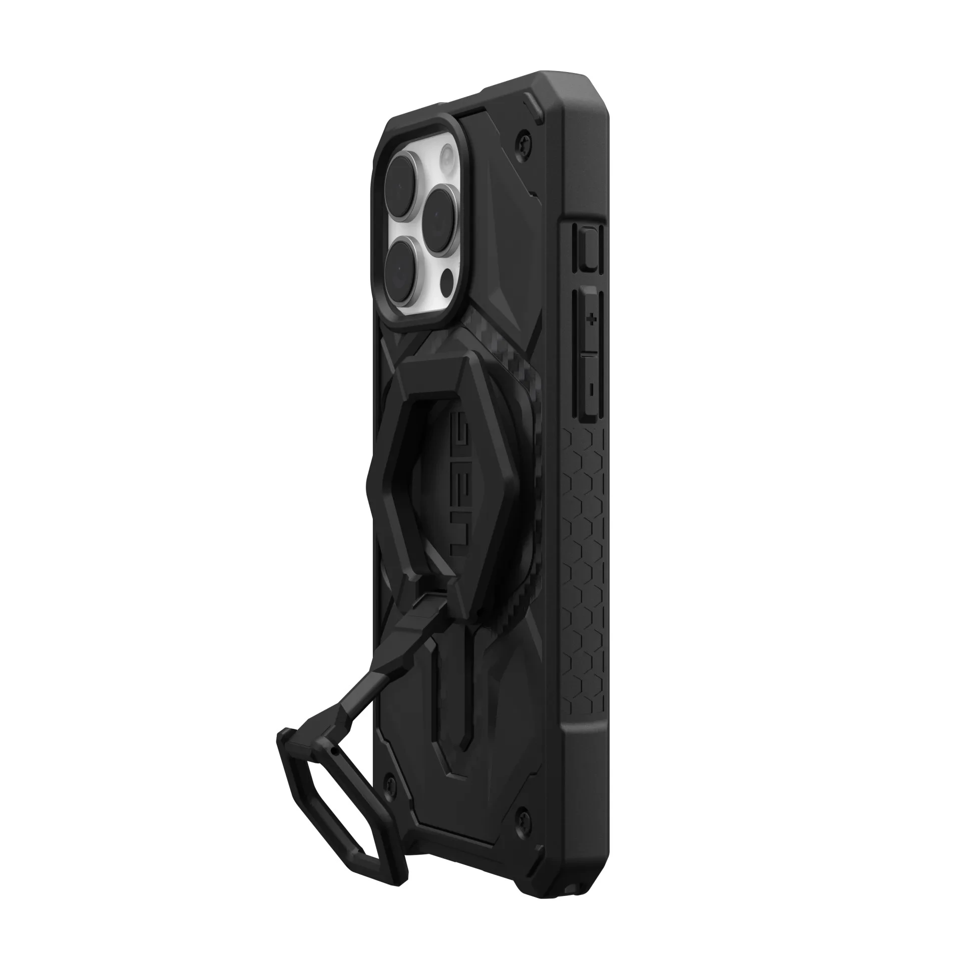 UAG Чохол+магнітне кільце-тримач для iPhone 16 Pro Max, Monarch Pro Magsafe, Carbon Fiber/Black Stand (1144571BV01) (UA) Додатково кнопки збільшеного доступу до екрану і портів; >Колір