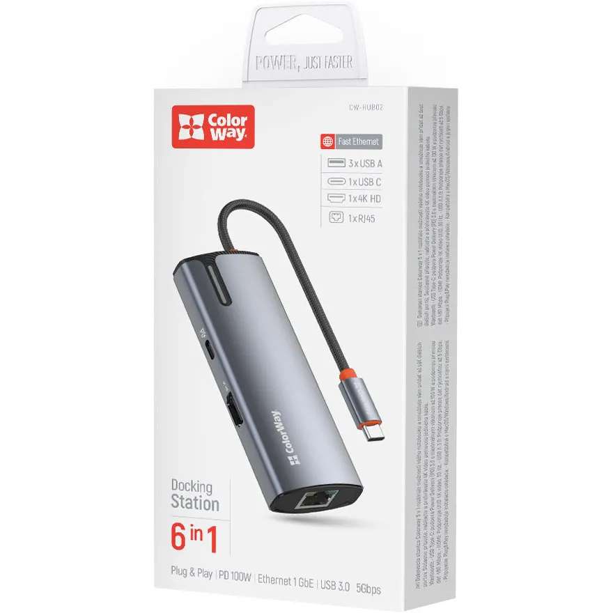 USB-Hub ColorWay Docking Station USB-C 6-в-1 Type C PD 100W/USB3.0х3/HDMI 4К/RJ45 (CW-HUB02) Інтерфейс підключення USB-C