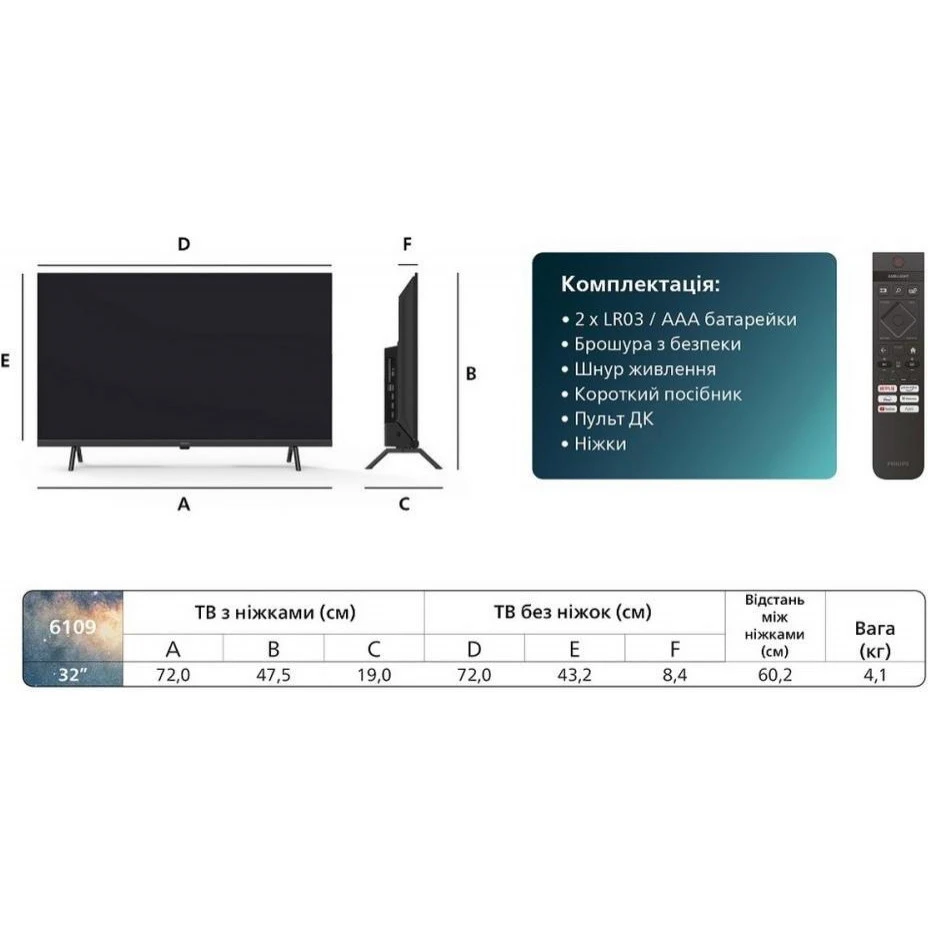 Philips 32PFS6109/12 Бренд: Philips, Діагональ, дюйм: 30; ,