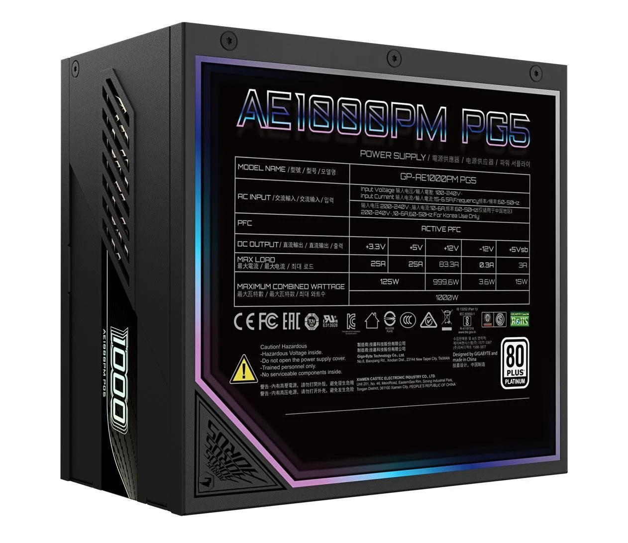 Gigabyte Aorus Elite P 1000W 80 Plus Platinum ATX 3.1 (GP-AE1000PM PG5) EU Максимальна потужність; Вт: 1000