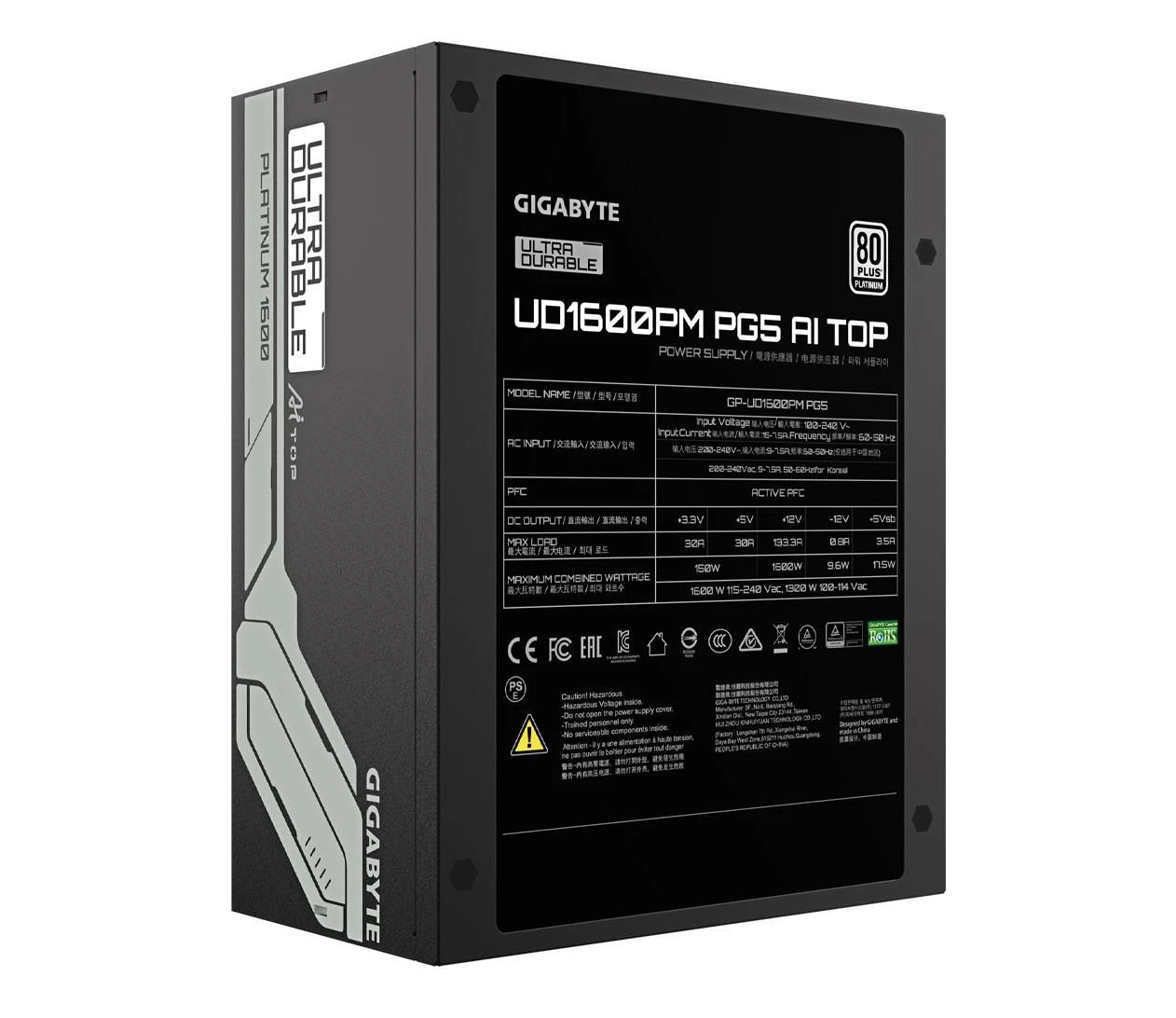 Gigabyte UD1600PM AI TOP 1600W 80 Plus Platinum ATX 3.1 (GP-UD1600PM PG5) EU Разъёмы  ЦП 4+4 (8) pin – 2 шт; EPS12В 20+4 (24) pin – 1 шт.; PCI-E 5.0 12+4 (16) pin – 2 шт.; PCI-E 2.0 6+2 (8) pin – 8 шт.; PCI-E 8-pin – 2 шт; MOLEX 4-pin – 6 шт.; SATA – 16 шт; ФЗД - 2 шт.