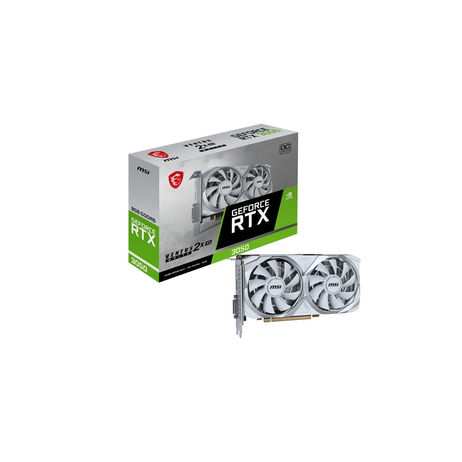MSI GeForce RTX3050 8Gb VENTUS 2X XS WHITE OC (RTX 3050 VENTUS 2X XS WHITE 8G OC) (912-V809-4401) (UA) Сімейство графіки: NVIDIA;
