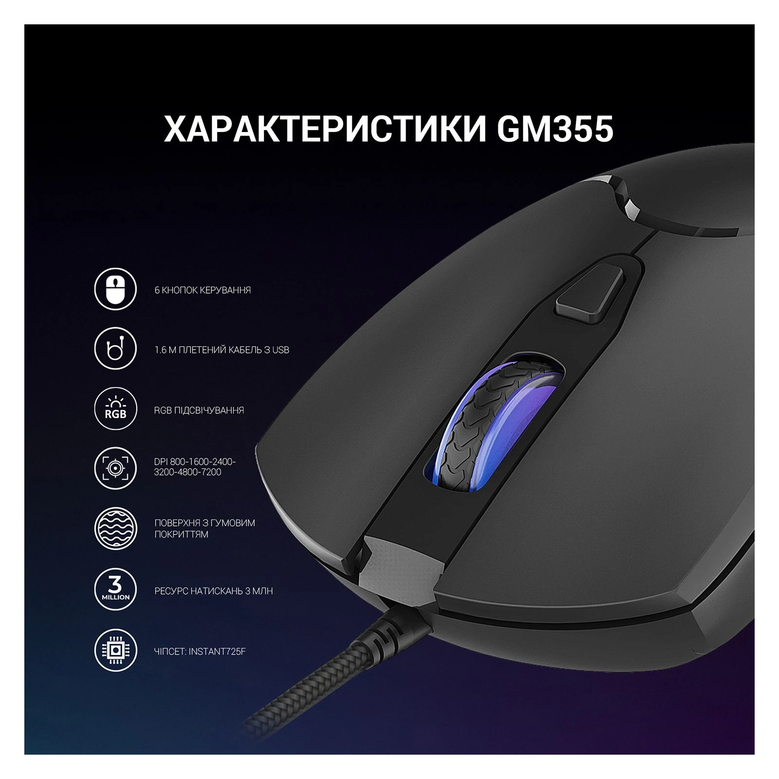 GamePro GM355 USB Black (GM355) (UA) Тип: Геймерські; Підключення: