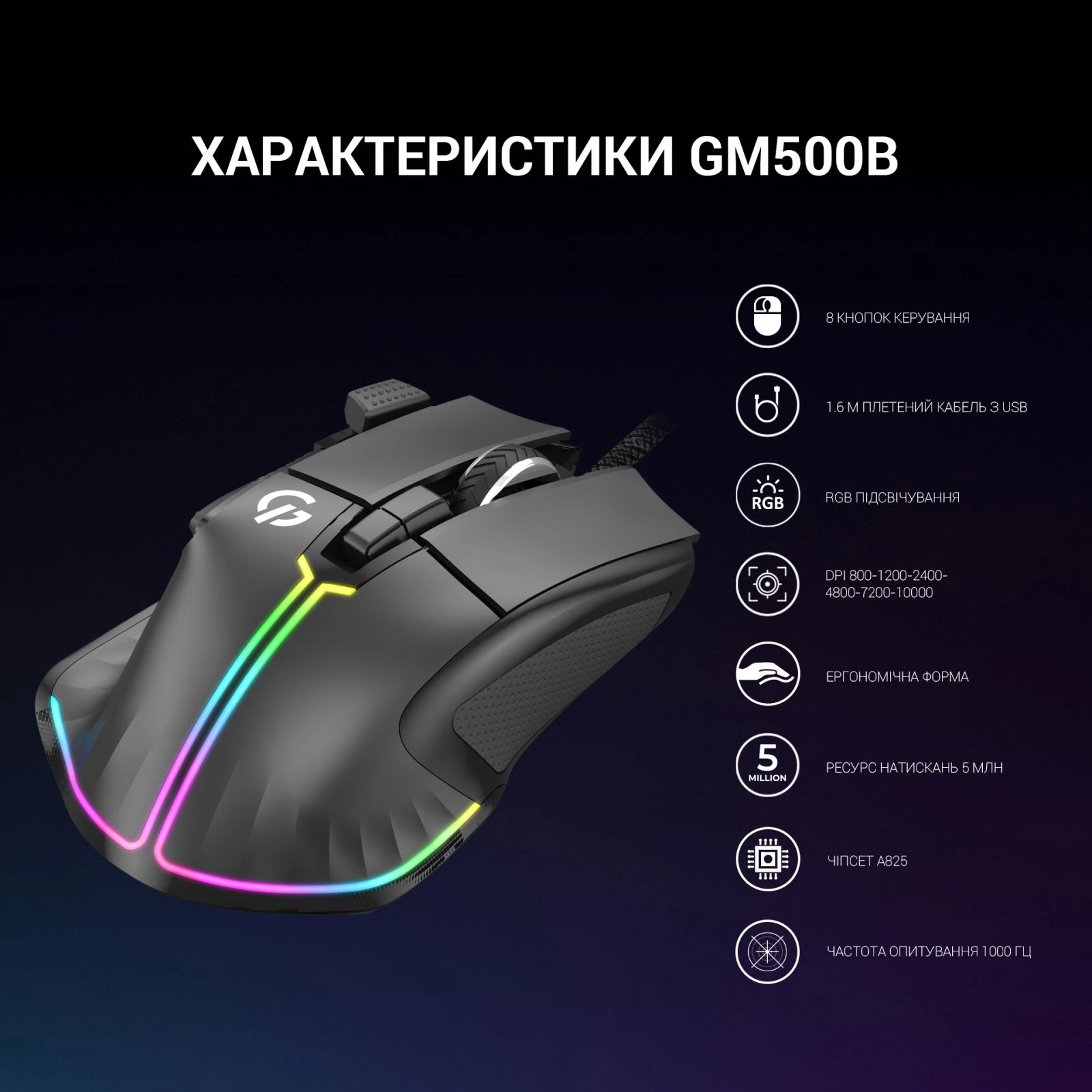 GamePro GM500B RGB USB Black (GM500B) (UA) Тип: Геймерские; Подключение: