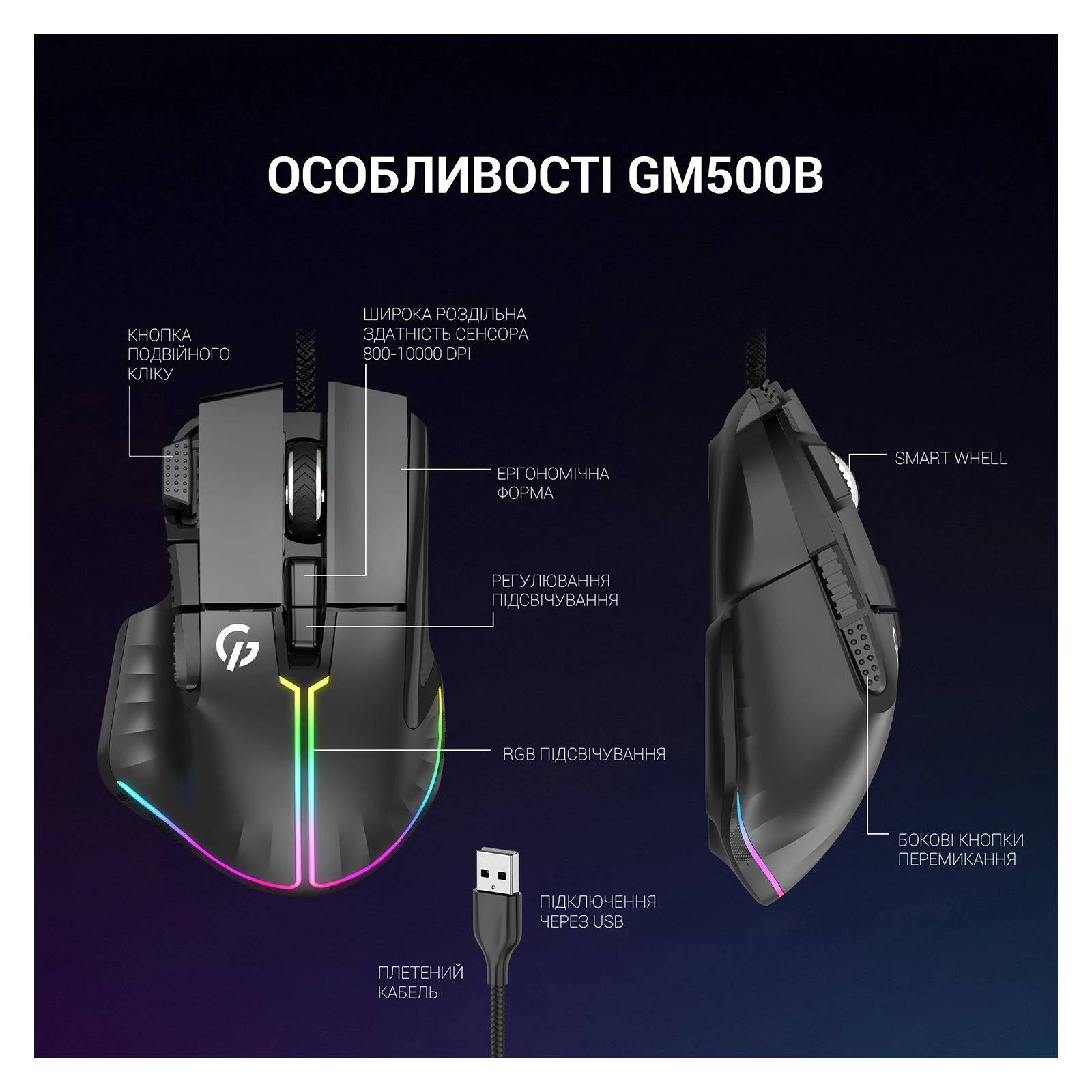 GamePro GM500B RGB USB Black (GM500B) (UA) Підключення провідне