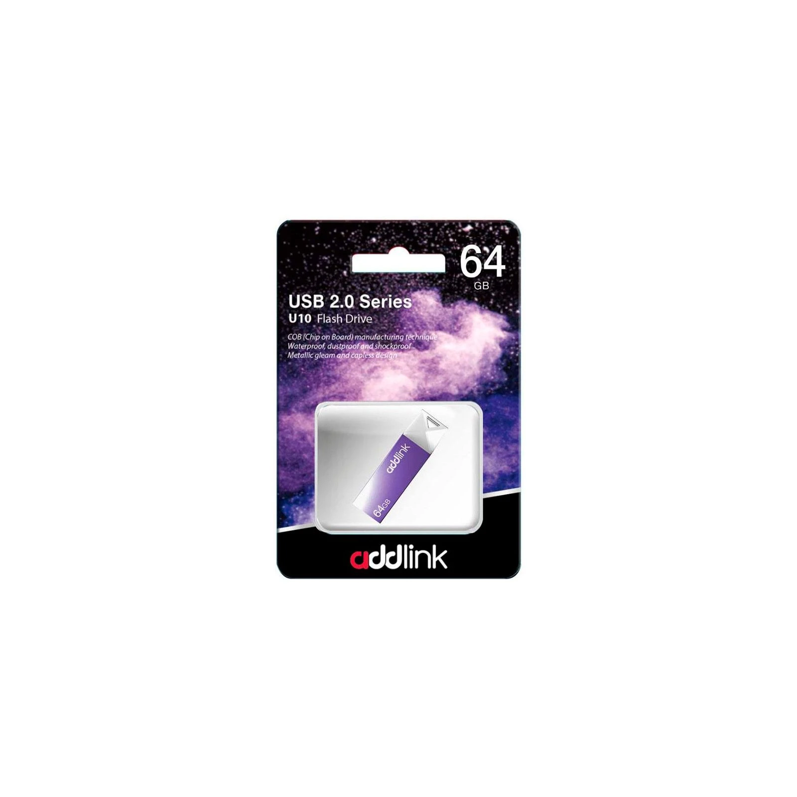 AddLink 64GB U10 Violet USB 2.0 (ad64GBU10V2) (UA) Тип: С выдвижным USB; Объем памяти: