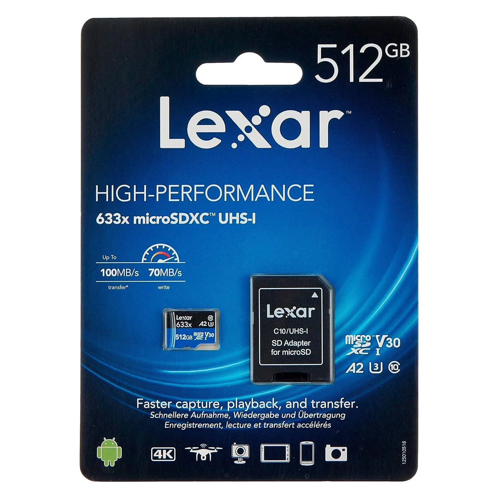 Lexar 512GB microSDXC class 10 UHS-I 633x (LSDMI512BB633A) (UA) Тип картки пам'яті microSDXC; Об'єм
