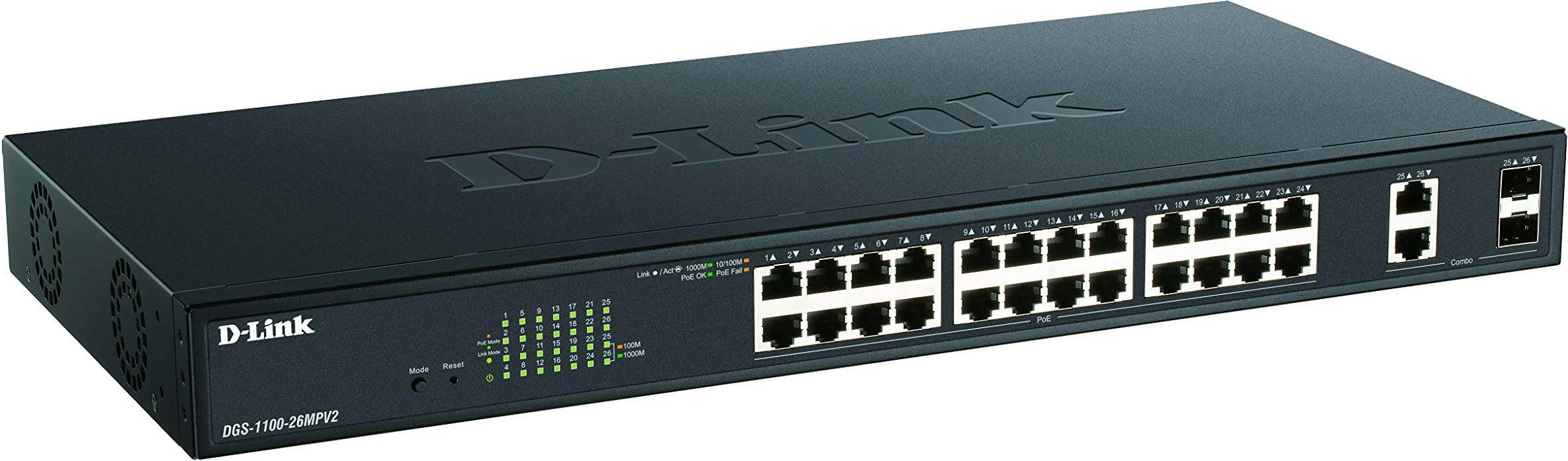 D-Link DGS-1100-26MPV2 24xGE PoE (UA) Порти 24 x 10/100/1000Base-T PoE; 2 x combo 1000Base-T/SFP