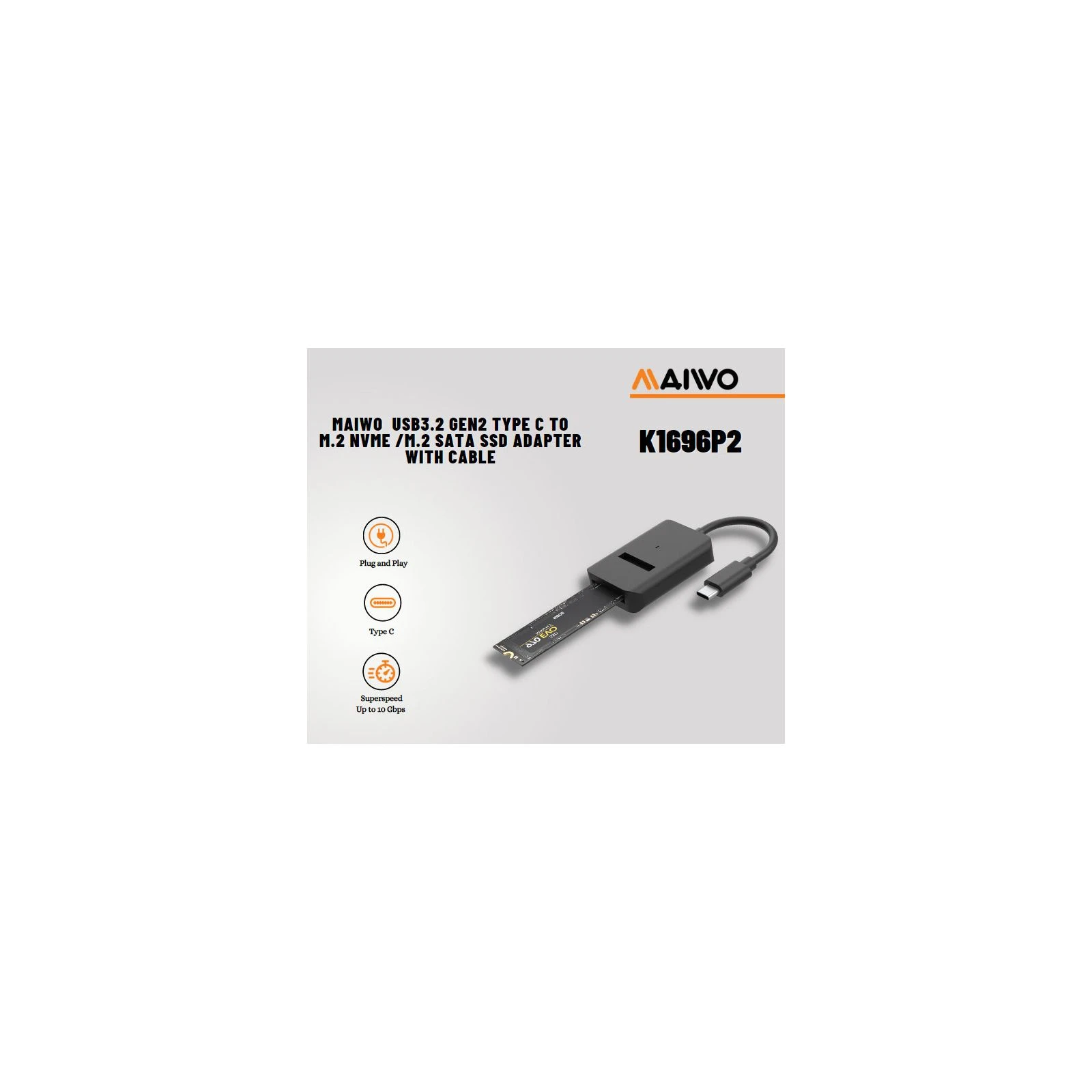 Карман внешний Maiwo M.2 NVMe/SATA SSD combo USB3.2 Gen2 Type-C (K1696P2) (UA) Назначение: для SSD; Форм-фактор: